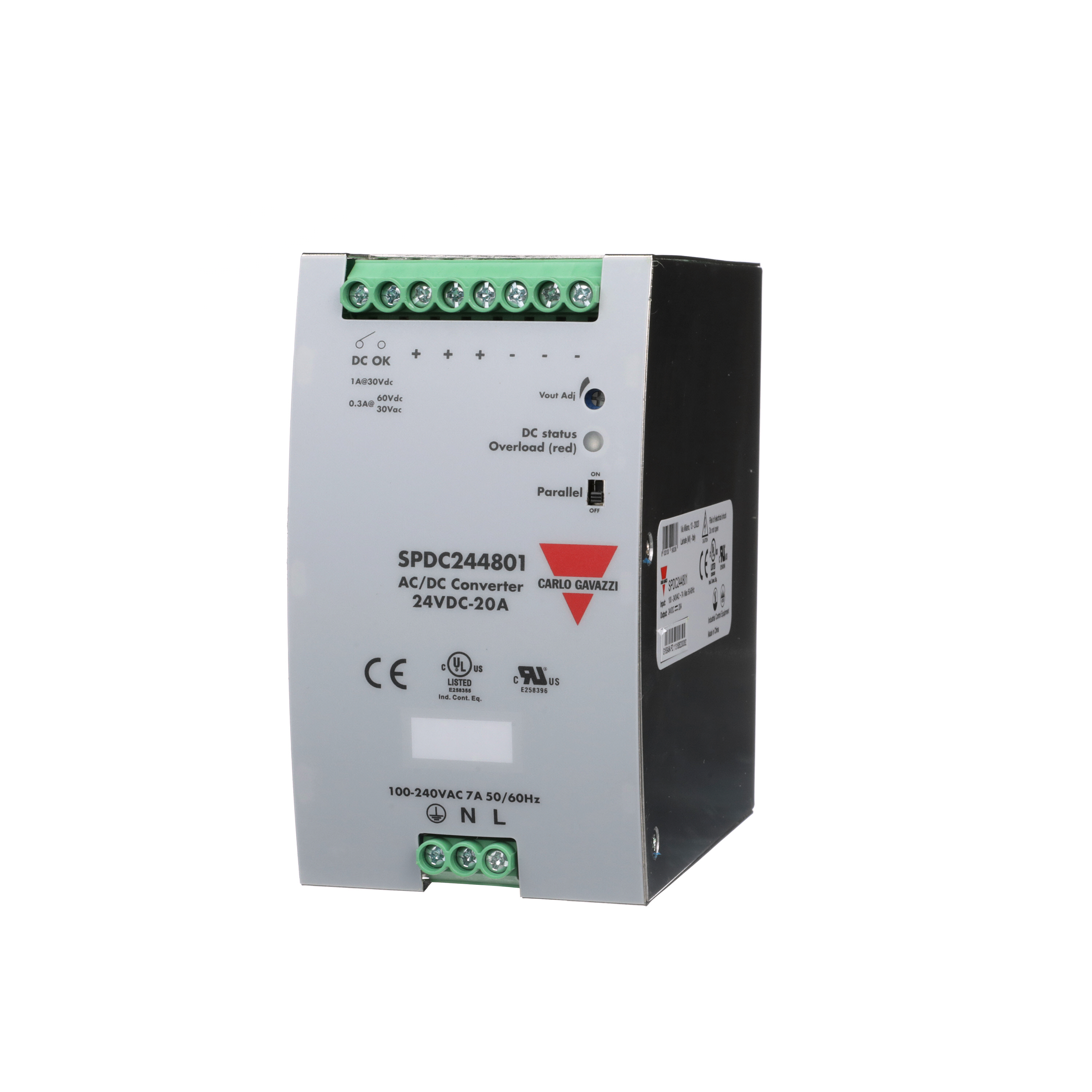 Carlo Gavazzi Switching Power Supply; 24VDC OUT; 20A; 85-264VAC / 130-350VDC IN; Single-Phase; DIN Rail Mount